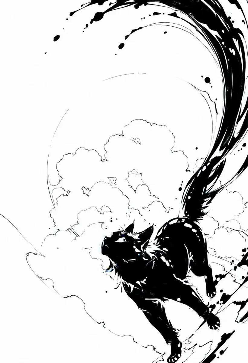Monochrome dynamic ink splash artwork featuring a black cat with a flowing tail against a detailed cloud background.
