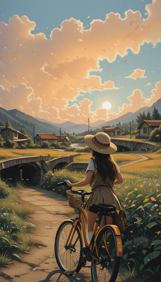 A young woman wearing a straw hat and dress stands with her bicycle on a country path surrounded by wildflowers, watching the sunset over a village and rolling hills.
