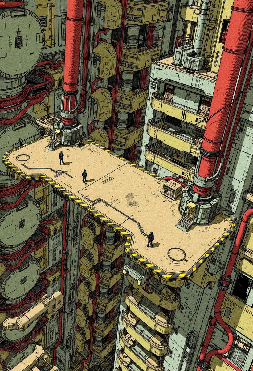 A cyberpunk industrial floating platform with red cylindrical beams and beige surface supported within a complex high-tech structure, with small workers in dark clothing, surrounded by machinery.