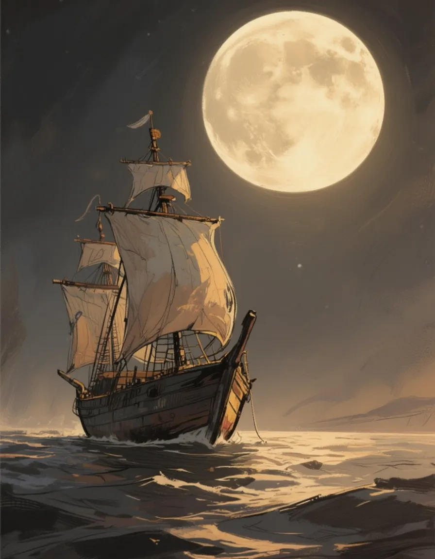Illustration of a ghost ship with tattered sails sailing on a moonlit sea under a large full moon in a mystical night atmosphere.