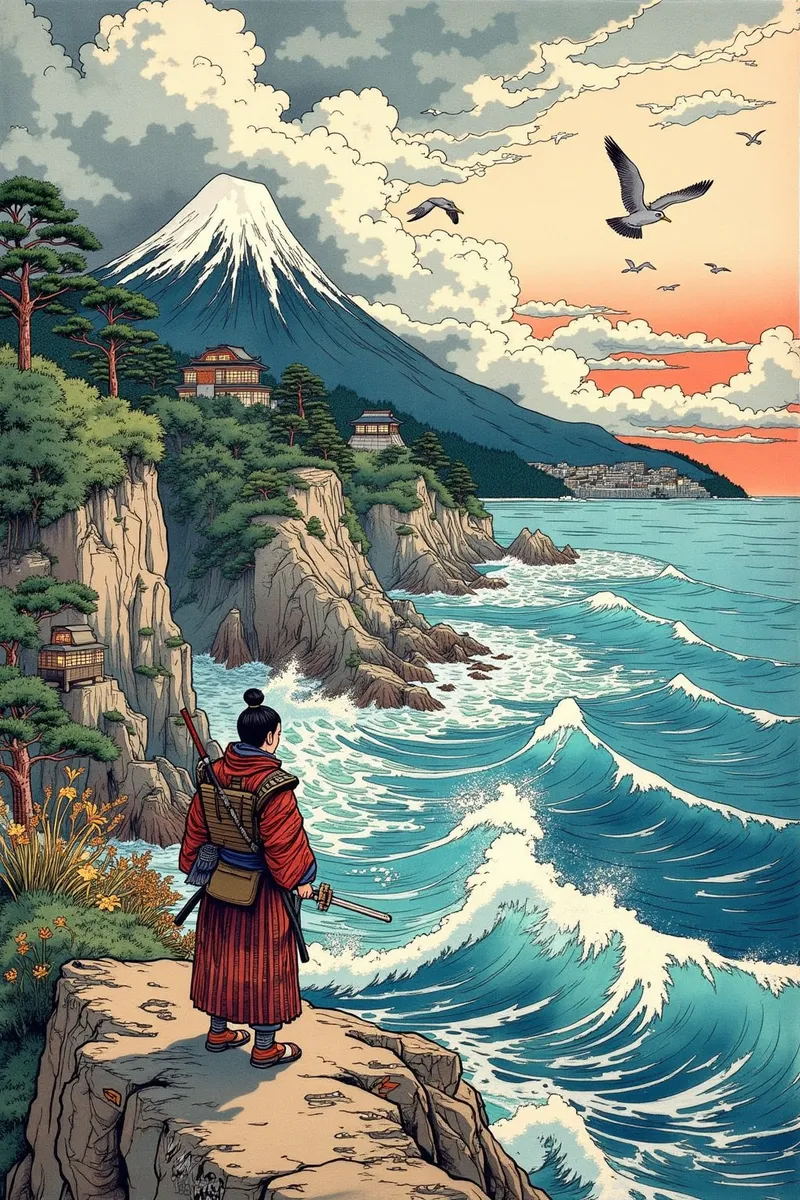 浮世絵にインスパイアされた場面で、侍が崖の上に立ち、背後に富士山を望み、樹々の間に伝統的な家屋が点在し、曇り空に鳥が飛んでいる海の波を見下ろしている。