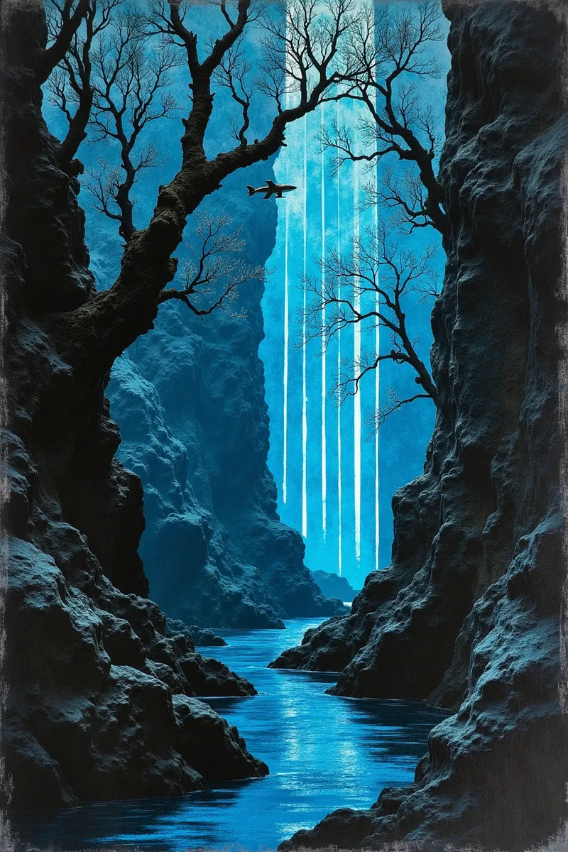 Eine geheimnisvolle blau getönte Flussklamm mit kahlen Bäumen und leuchtenden vertikalen Lichtstreifen, die eine surreale Naturszene darstellt.