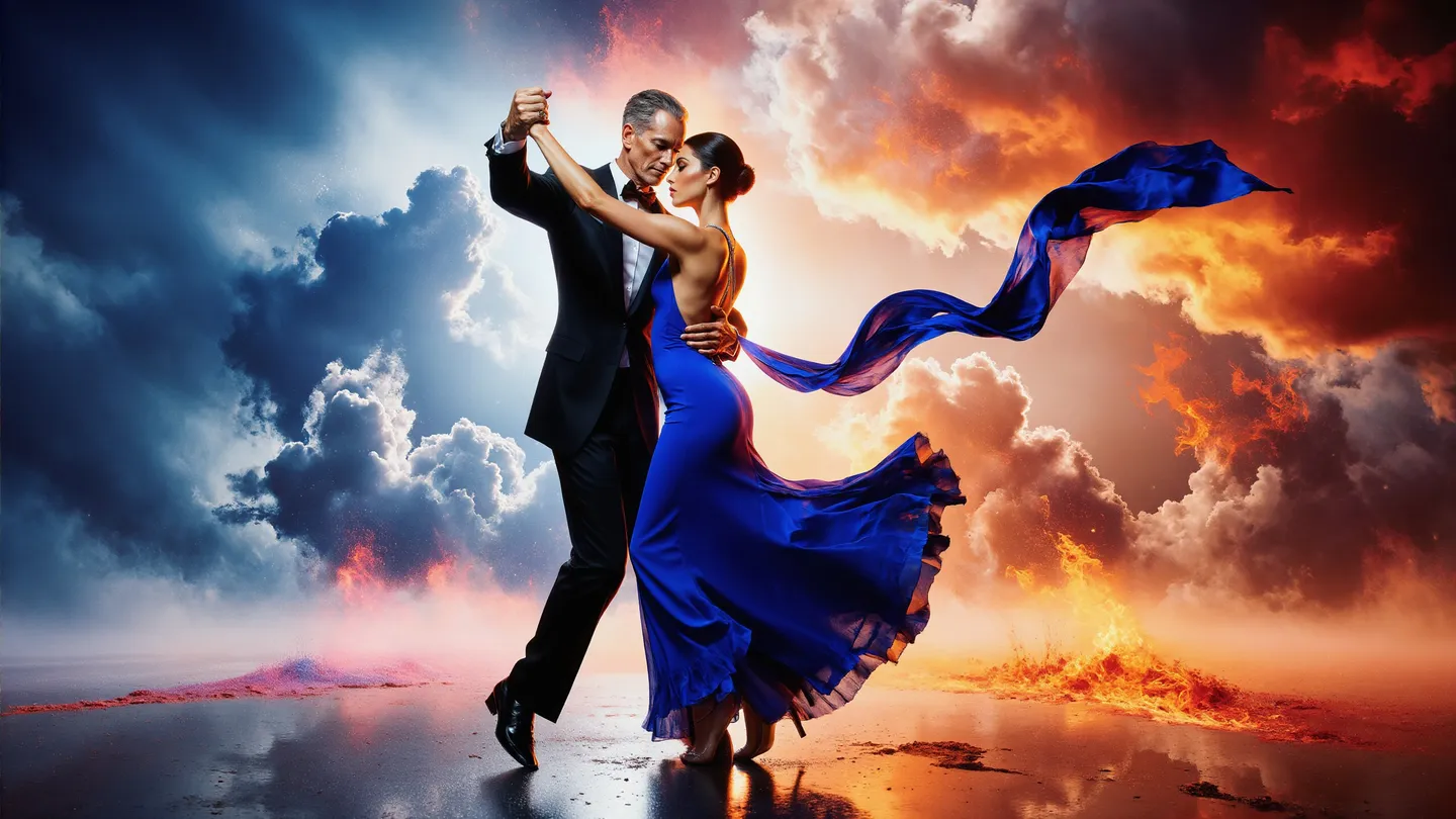 Mature Tobagonian couple ballroom dancing on a reflective surface with prussian blue clothing and swirling ribbons, under stormy sky with apocalyptic shelf clouds and fiery elements.