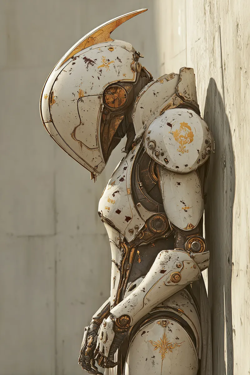 Side profile of a battle clone robot in worn white and gold armor, standing still against a wall