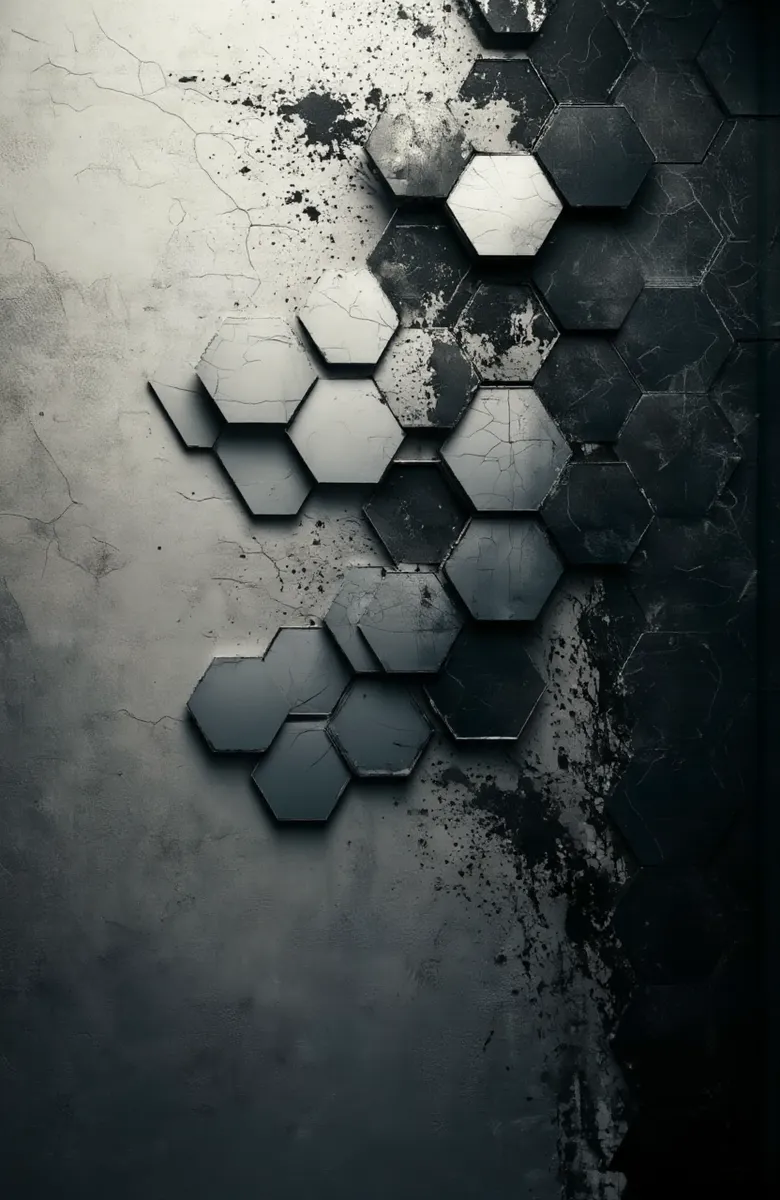 Textured wall with hexagonal tiles arranged in a gradient from light transparent tiles on the left to dark opaque tiles on the right, with a splattered black and gray paint effect and cracked surface texture.