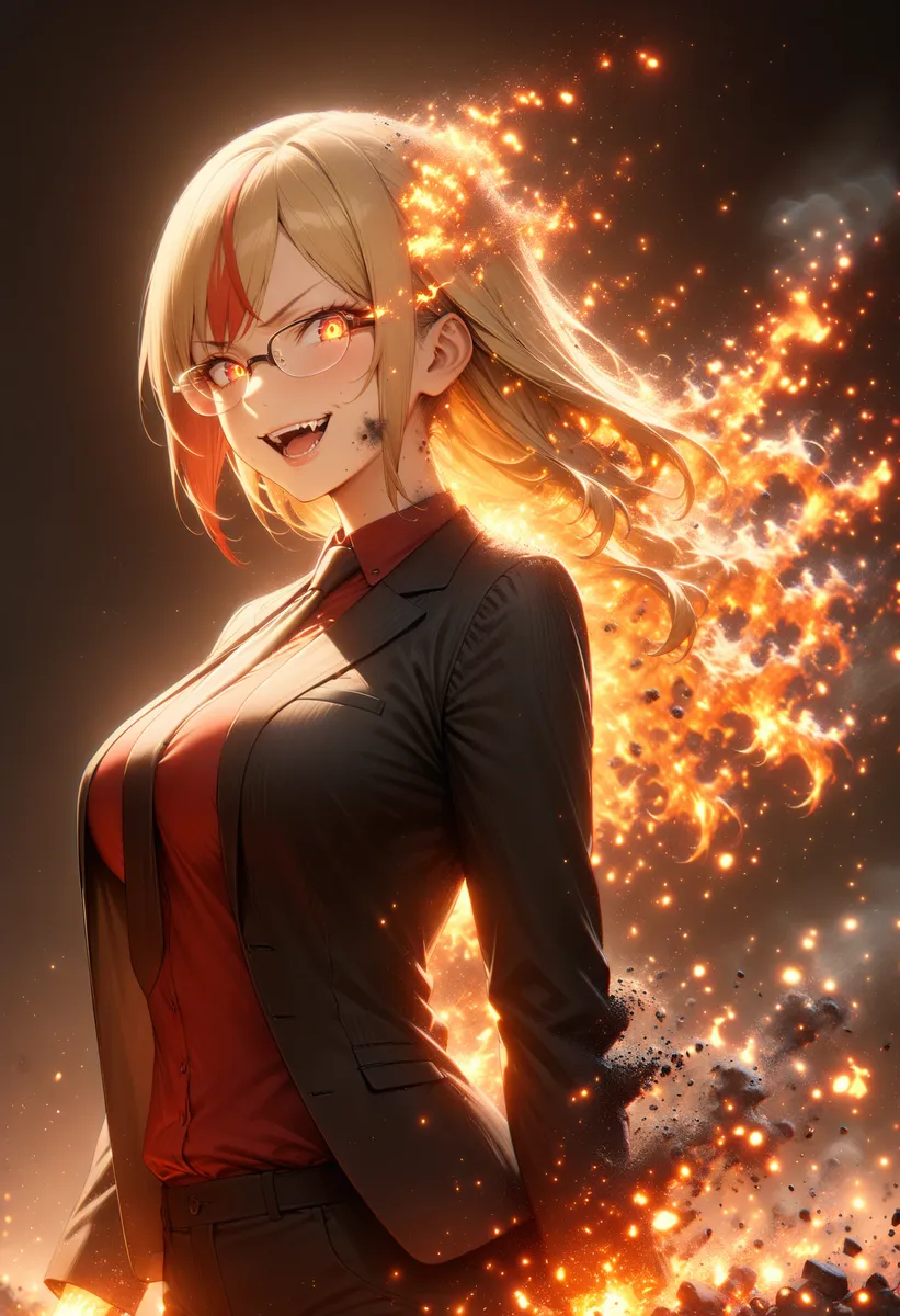 Una mujer rubia madura con cabello multicolor y ojos ardientes que brillan, usando gafas sin montura y un traje de negocios negro con camisa roja y corbata, rodeada de llamas y brasas giratorias.