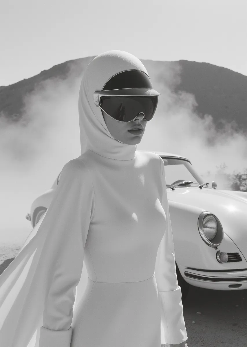 흰색 드레스와 랠리 헬멧을 쓴 여성이 흰색 Porsche 911과 함께 사막에 서 있고, 배경에는 연기 나는 모래언덕이 있는 흑백 패션 촬영.