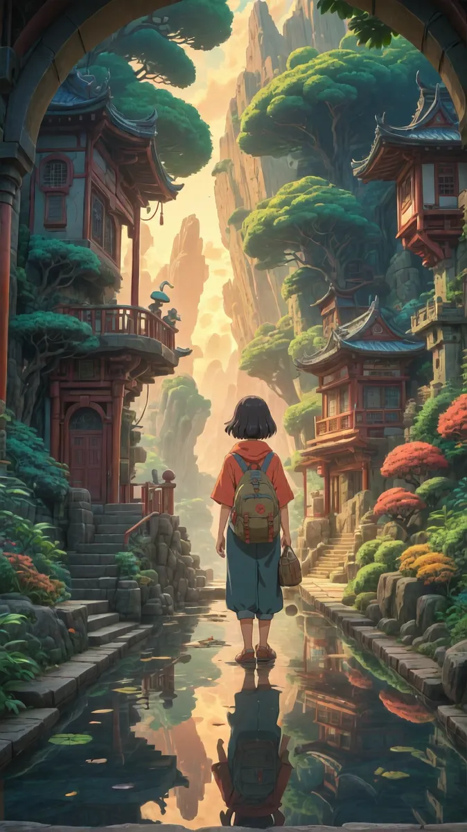 A lone wanderer standing in a narrow water-filled pathway framed by East Asian traditional architecture and lush trees, with a warm sunset illuminating distant mountains.