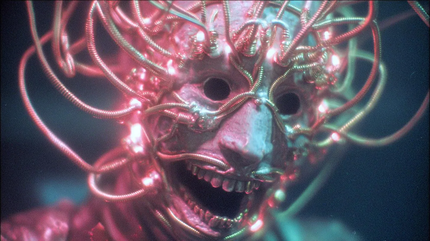 Close-up view of the Hymnspawn, a humanoid creature made of writhing organs bound in copper wire, glowing with neon lights and featuring multiple rotating faces, in a retro 80s cyber-horror aesthetic with VHS grain and chromatic aberration effects.