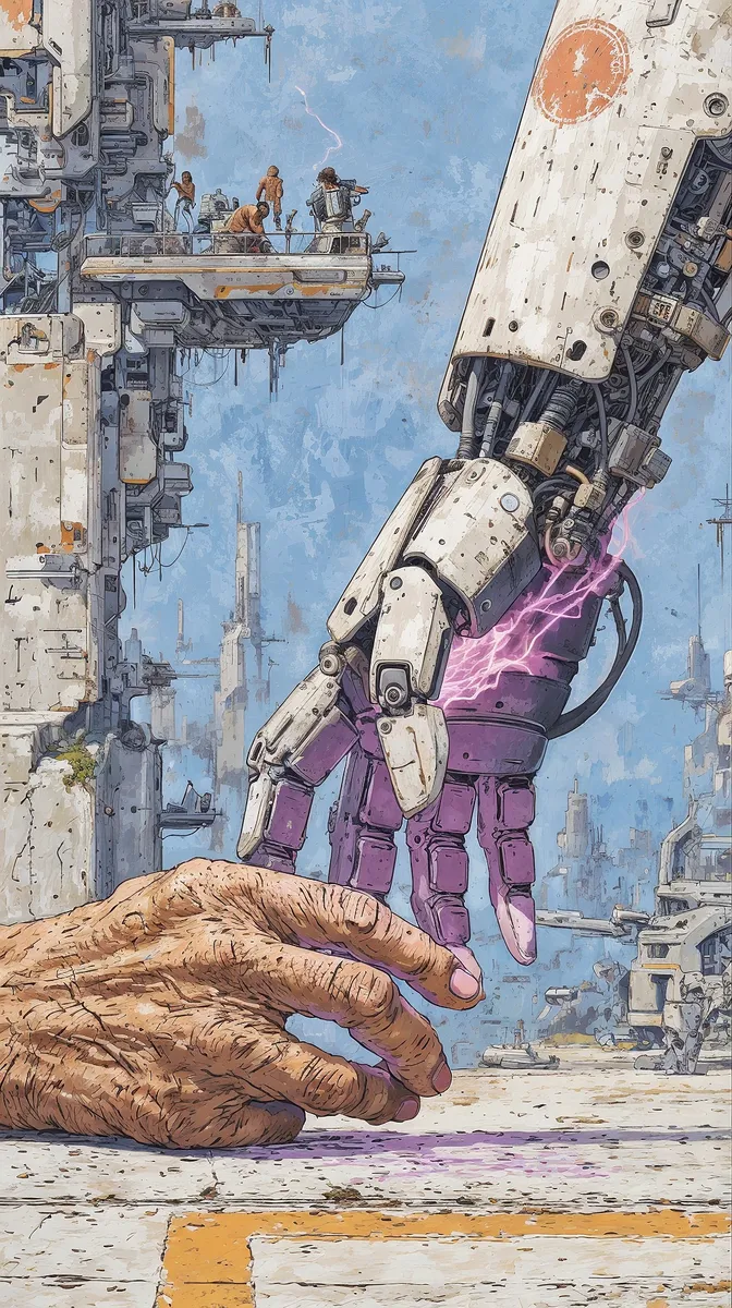 A large robotic hand emitting purple electric sparks reaches down toward an outstretched human hand on the ground surrounded by a futuristic cityscape with platforms and people in the background.
