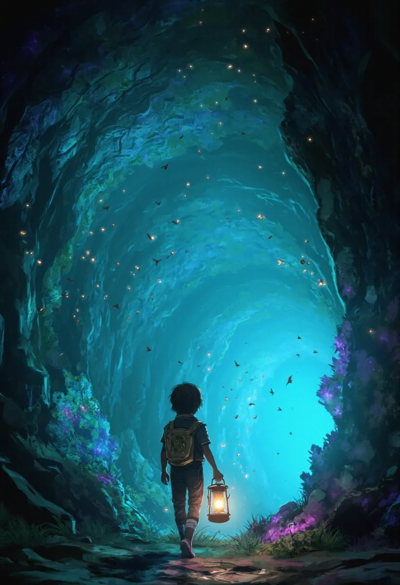 A child holding a glowing lantern walks through a mystical crystal cave, surrounded by tiny winged creatures leaving trails of stardust.