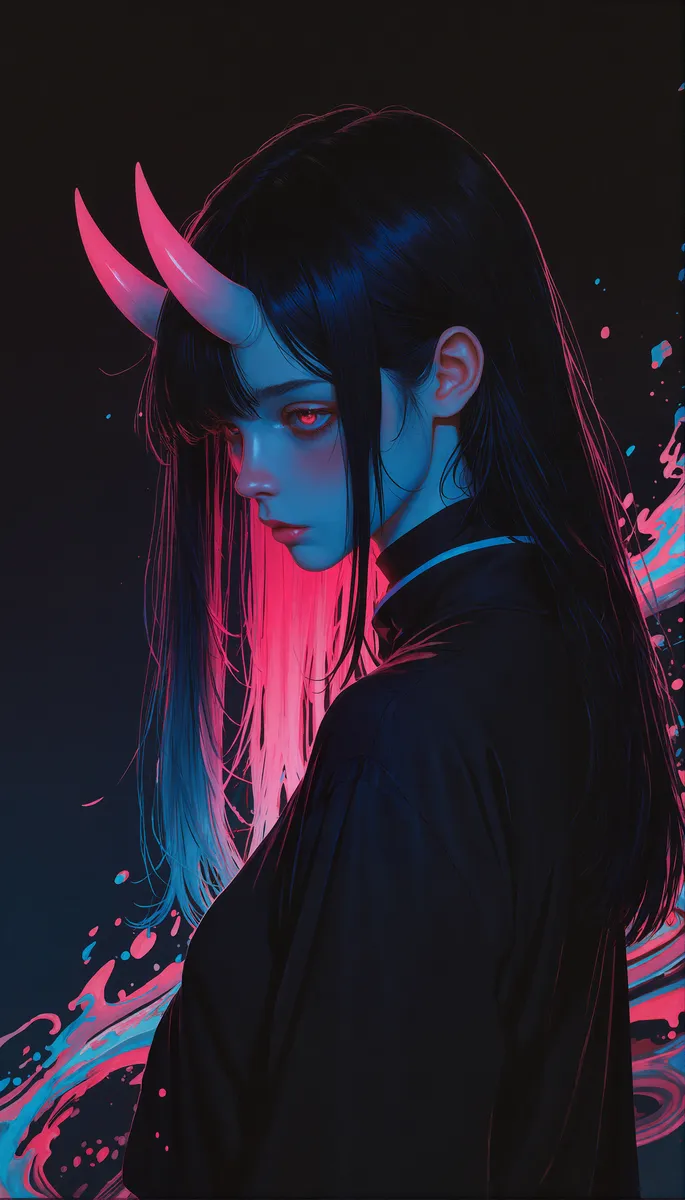 Profilo laterale di una giovane oni femmina con corna rosa luminose, illuminate da un'illuminazione laterale neon blu e rosa contro uno sfondo astratto a gradiente scuro con schizzi dinamici ed effetti di bloom.