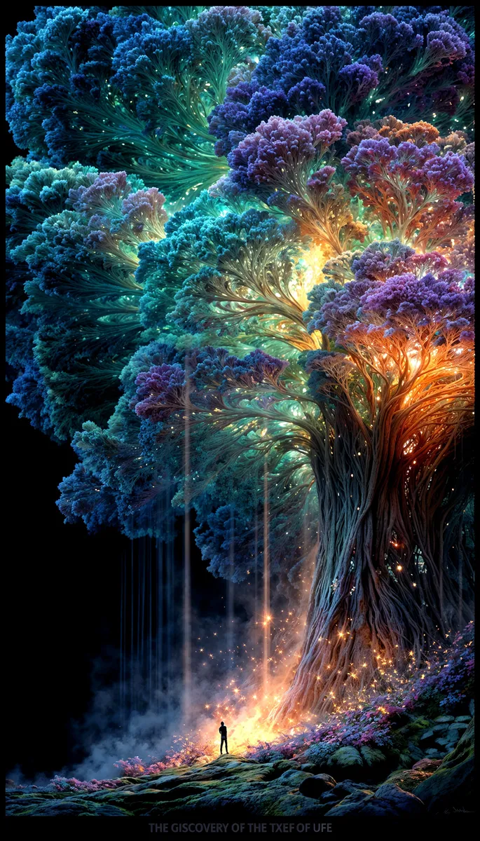 Ein gigantischer, leuchtender Lebensbaum mit biolumineszenten Blättern in Blau-, Lila- und Orangetönen, der einen mystischen Wald beleuchtet, mit einer winzigen Silhouette einer Person, die an seiner Basis steht.
