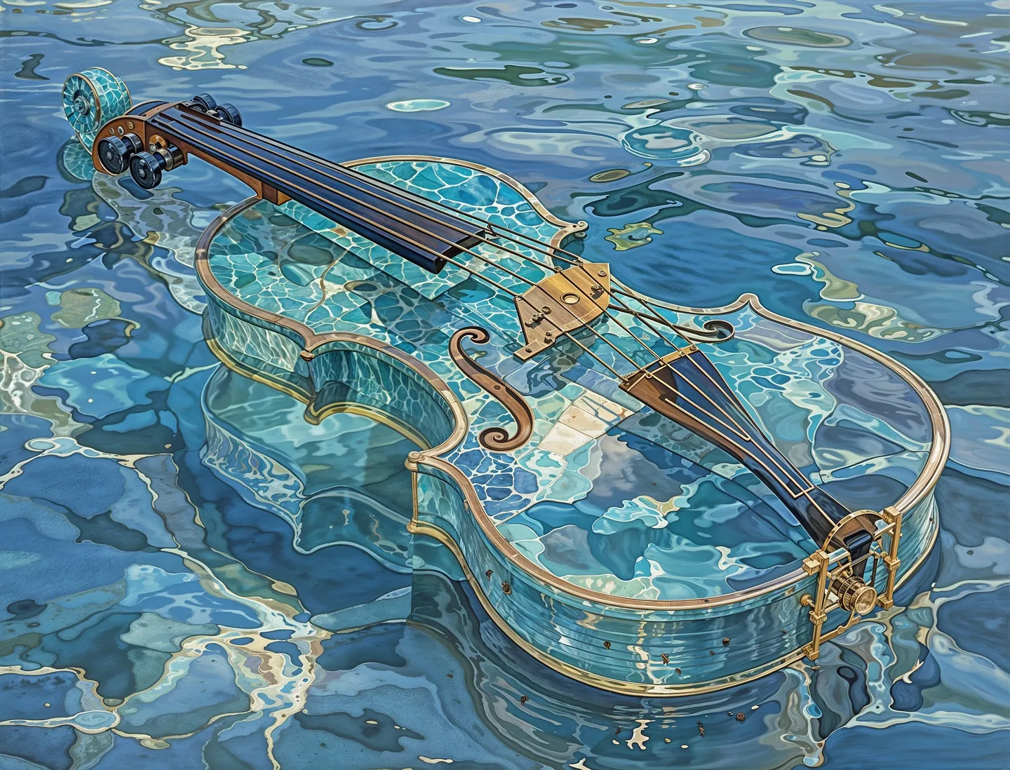 A transparent viola resting on blue water with intricate water wave reflections inside its body.