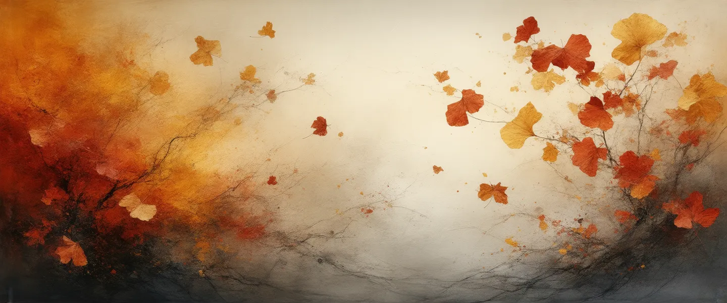 Abstract composition of crimson, gold, and ochre gingko leaves swirling over delicate textured washi paper with layered paint and gestural brushstrokes.