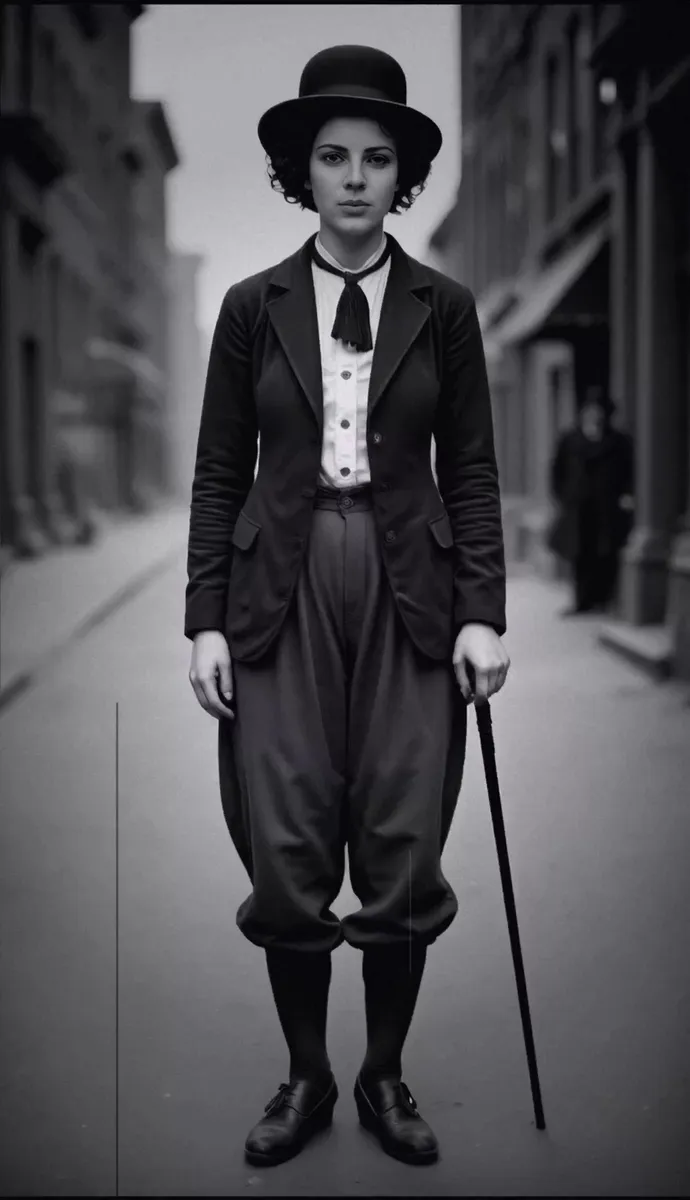 Black and white full-body photo of a scruffy woman dressed as Charlie Chaplin with a bowler hat, cane, and worn vintage clothes in a 1910 USA city street setting.