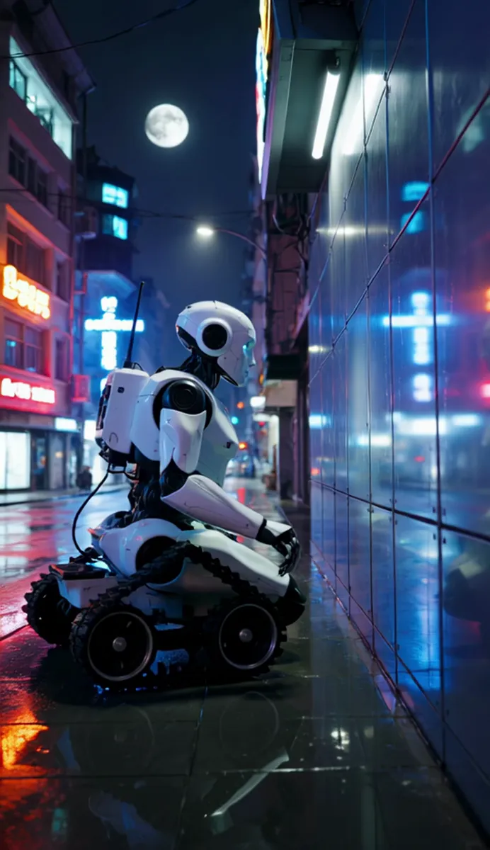 Robot in Night City Under Full Moon - AI Image Gallery | Diffus