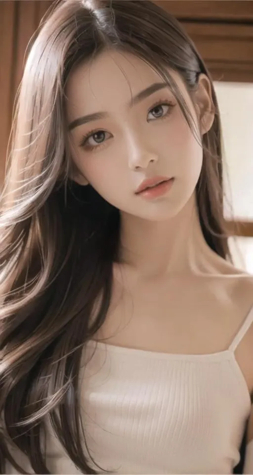 Eine schöne Frau mit langen dunklen Haaren, die ein weißes Oberteil trägt, in der Porträtfotografie. Dies ist ein KI-generiertes Bild mit Stable Diffusion.