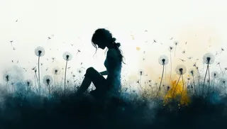 Silhouette of a young woman sitting with head resting on knees surrounded by drifting dandelions against a light background with muted blues and browns in a graphic, stylized art style.