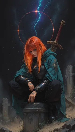 A striking female warrior with vibrant red hair crouches atop a stone monument in a graveyard, wearing a blue cloak and black armor, with a sword strapped to her back under a stormy sky with glowing lightning.