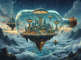 A surreal floating city of intricate steampunk architecture inside a giant glass bottle suspended over a cloud-covered fantasy landscape with starry night sky and air balloons.
