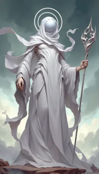 A faceless figure clad in flowing white robe and hood, holding an ornate staff, standing against a cloudy sky with glowing halo rings around the head.