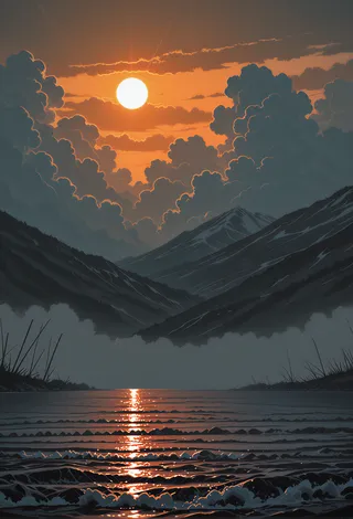 Anime-style sunset landscape showing the sun setting behind cloudy mountains with its light reflecting on rippling water under a dramatic orange sky.