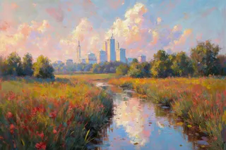 A Polish landscape painting featuring a river flanked by wildflowers and trees with a city skyline in the background under a pastel-colored sky at sunset.
