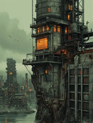 Industrial building with glowing orange windows in a futuristic, steampunk cityscape under a smoky sky with a moody greenish hue.