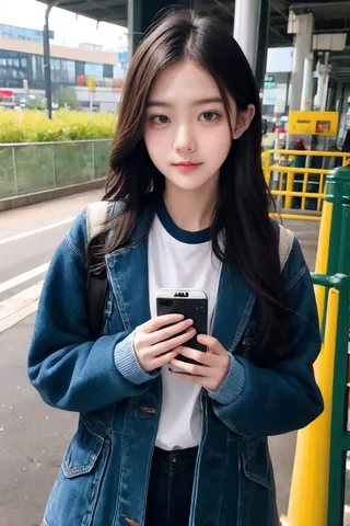 Portrait of a young girl with long dark hair wearing a denim jacket and holding a smartphone outdoors in an urban setting.