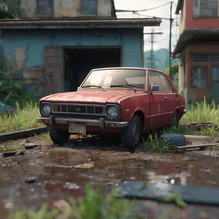 A highly detailed cinematic anime-style scene of an abandoned, dirty red compact 70s Polish car surrounded by overgrown grass and puddles in a neglected, industrial setting.