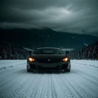 Black supercar driving fast on a snow-covered road in the Austrian Alps after a rainstorm, with cinematic sunlight and volumetric clouds overhead, viewed from the front left.
