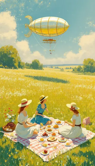 A countryside picnic scene showing three women in wide-brimmed hats sitting on a checkered blanket surrounded by food, with a glass and brass airship floating in a sunny, golden field under a blue sky.