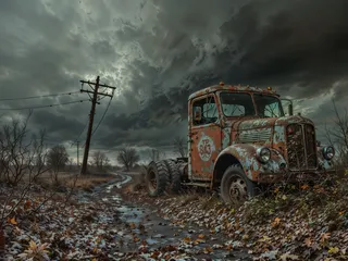 A rusty, old truck abandoned beside a muddy rural road under a dramatic, stormy sky with dark clouds and a tilted power pole nearby.