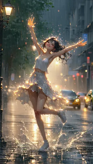 Anime-inspired female figure dancing joyfully in the rain at night under warm street lights with wet pavement reflecting city lights.