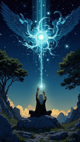 An anime-style image of a spellcaster meditating on a rocky hill, summoning vibrant elemental magic with glowing wings under a starry night sky.
