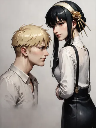 Detailed high-resolution anime-style illustration of Yor Briar in office attire with elegant accessories, standing beside a young man with blond hair, both in dynamic poses.