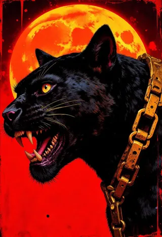 Close-up digital illustration of a black panther side profile with sharp fangs, intense yellow eyes, wearing a thick golden chain, set against a glowing full moon and vivid red background.