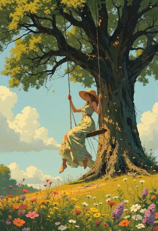 A detailed illustration of a woman with a straw hat and floral dress swinging on a rope swing hanging from a large German oak tree, surrounded by a colorful wildflower meadow under bright sunlight.