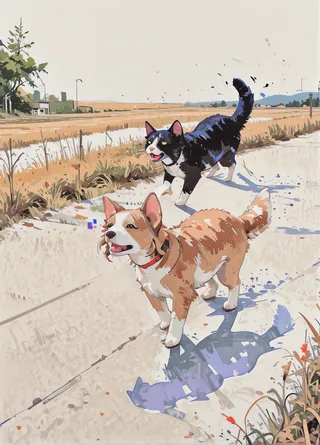A realistic watercolor-style drawing of a cat chasing a dog on a farm pathway with an abstract background and dreamlike color flow.