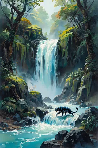 Waterfall cascading into a turquoise river surrounded by dense jungle foliage, with a black panther lurking near the water and mist shrouding the area