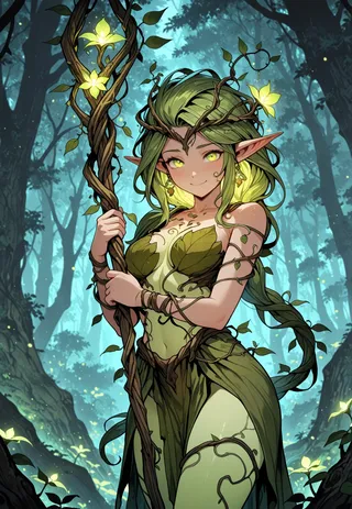 A dryad with leafy hair and glowing green eyes holds a vine-wrapped staff in a mystical forest with glowing flowers.