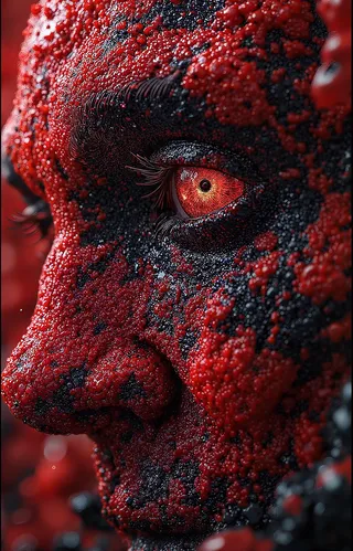 Close-up 3D render of a human face covered in detailed red and black glossy textured particles with a neon red eye, showcasing a surreal and high-detail design.