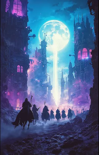 Silhouettes of horsemen galloping through a surreal alien cityscape illuminated by bright blue and purple light with a large glowing moon and fantastical towers.