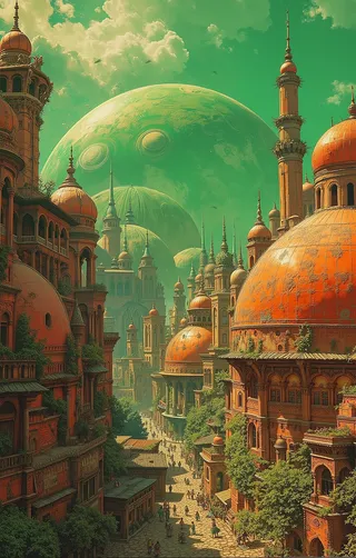 A sprawling ancient alien city featuring large orange spherical domes, red Persian-style buildings with intricate architecture, a vibrant green sky, and lush greenery, all under a dome-shaped green protective field with neon futuristic lighting.