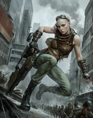 A digital illustration of a bald, light-skinned futuristic female character in a steampunk outfit holding a large futuristic gun, set in a stormy industrial city with soldiers marching in the background.
