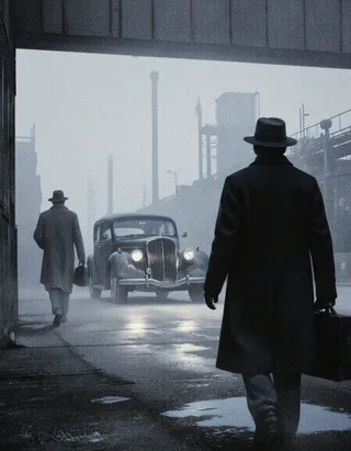 A shadowy figure wearing a long coat and black fedora hat walks towards a vintage car in a foggy industrial area, with another man seen from behind carrying a briefcase.