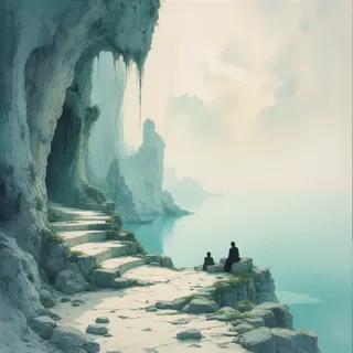 A serene cliffside with winding stone stairs leading to a misty sea. Two silhouetted figures sit on rocks near the edge, amidst soft lighting and rock formations.