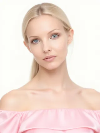 Portrait of a fair-skinned blonde woman with blue eyes and a sleek ponytail wearing a pink satin off-shoulder top against a plain white background
