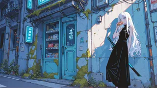 A white-haired girl wearing a long black sleeveless dress stands against a wall on a neon-lit sci-fi street, eating a donut with a long sword behind her back.